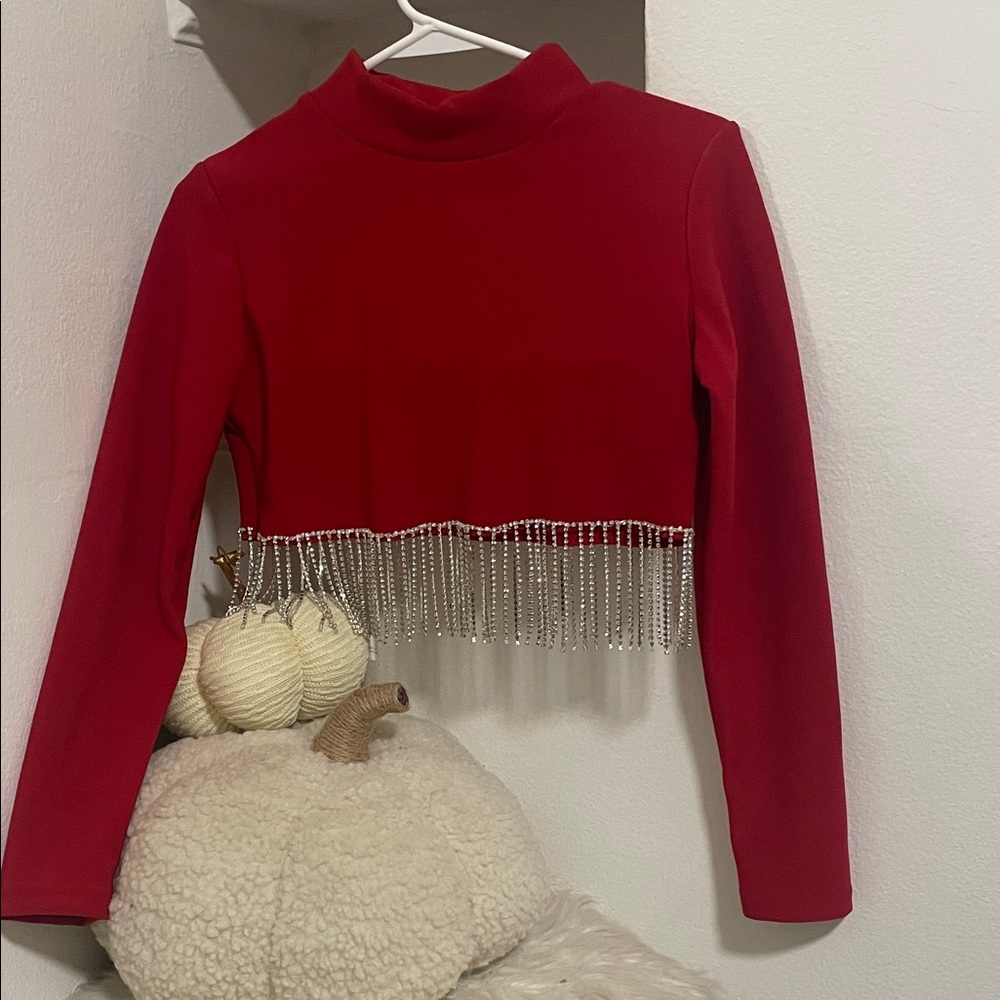 Red rhinestone Fringe Women's Top